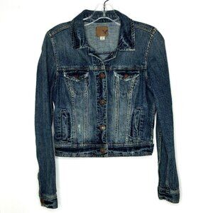 American Eagle Denim Jean Jacket Cropped Blue Distressed Size Large